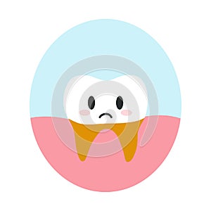 Tooth root caries in cartoon flat style. Vector illustration of disgruntled unhealthy teeth character, dental care