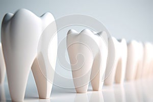 Tooth row on a light background, light emphasizes the cleanliness of the tooth