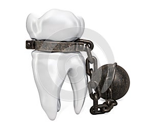 Tooth with shackle, toothache concept. 3D rendering