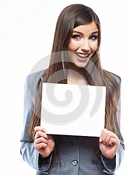 Tooth smile business woman hold banner, white background portr