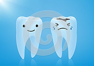 Tooth smile and cry emotion on blue background