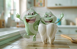 The tooth and the tooth fairy. A cute cartoon tooth character with arms and legs is running on top