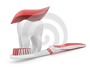 Tooth and toothbrush. 3d