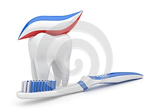 Tooth and toothbrush. 3d