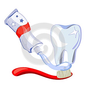 Tooth, toothbrush, toothpaste on white background
