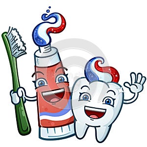 Tooth and Toothpaste Best Friends Cartoon Characters Smiling and Laughing