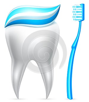 Tooth with toothpaste and toothbrush. photo