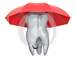 Tooth under umbrella, dental insurance concept. 3D rendering