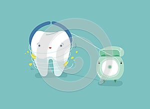 Tooth using dental floss for white teeth, dental vector concept