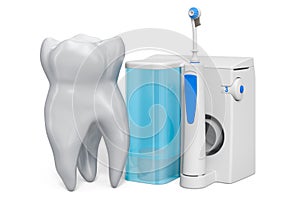 Tooth with water flosser, dental oral irrigator. 3D rendering