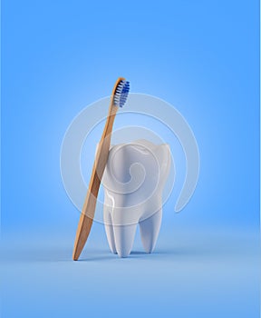 Tooth  with  wooden toothbrush. Render 3d