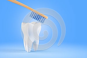 Tooth  with  wooden toothbrush. Render 3d illustration