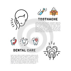 Toothache icons Dental care card. Dentistry thin line art icons, Stomatology flyer