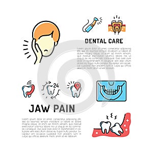 Toothache and jaw pain thin line art icons, Dental care card. Dentistry card, Stomatology flyer