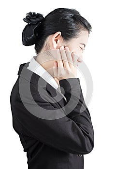 Toothache symptom in a woman isolated on white background. Clipping path on white background.