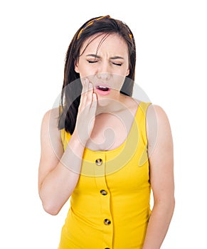 Toothache. Young woman suffering from teeth pain, isolated on white background