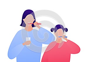 Toothbrush and dental morning routine concept. Vector flat people illustration. Female mother with daughter toothbrushing isolated