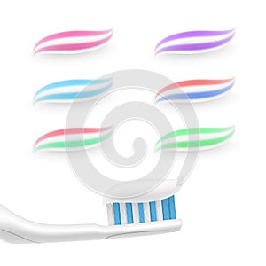 Toothbrush and extruded toothpaste in different colours for stomatological advertisement