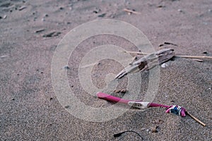 Toothbrush garbage sea pollution on winter sandy sea ecosystem, human polluted