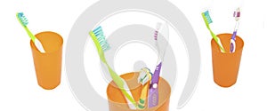 A toothbrush in a glass cup isolated on a white background. Care of teeth. Teeth cleaning. Beauty and health. Healthy teeth.