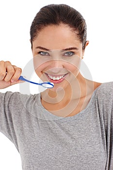 Toothbrush, smile and portrait with woman, routine and teeth whitening isolated on a white studio background. Face