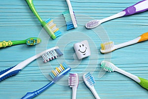 Toothbrush tooth-brush on wood table. top view