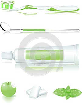 Toothbrush, toothpaste, apple, gum and mint