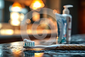 Toothbrush with Toothpaste in Bathroom Setting.