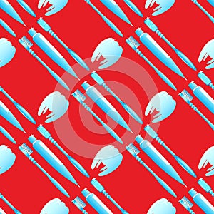 Toothbrush and toothpaste blue on the red background seamless pattern