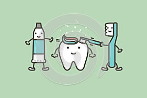 Toothbrush and toothpaste are brushing teeth to healthy white tooth - dental cartoon vector flat style