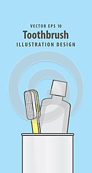 Toothbrush and toothpaste in the cup illustration vector on blue