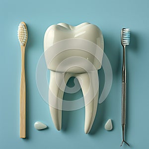 A toothbrush, toothpaste, and dental tools on a blue background