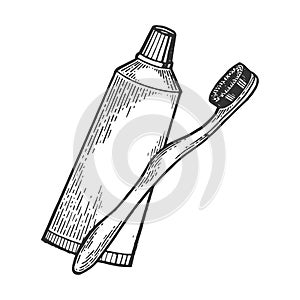 Toothbrush and toothpaste engraving style vector