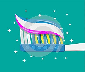 Toothbrush, toothpaste. Flat style