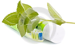 Toothbrush, toothpaste and fresh leaves of mint