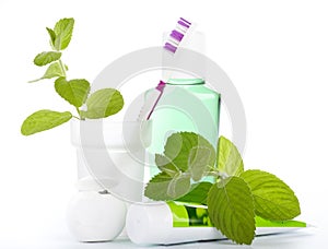 Toothbrush with toothpaste and fresh leaves of mint