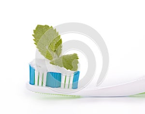 Toothbrush with toothpaste and fresh leaves of mint