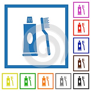 Toothbrush and toothpaste tube flat framed icons