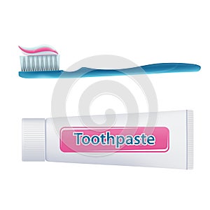 Toothbrush with toothpaste and tube isolated on white background