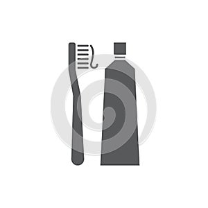 Toothbrush and toothpaste tube vector icon isolated on white background