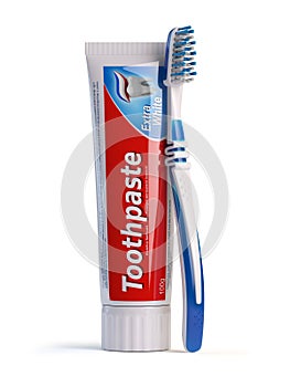 Toothbrush and tube of toothpaste isolated on white background