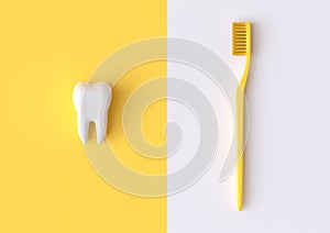Toothbrush and white tooth on a yellow background photo