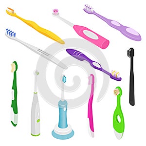 Toothbrushe vector dental hygiene tooth brush for brushing teethwith toothpaste illustration dentistry isometric set of