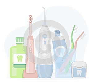 Toothbrushes and mouthwash with floss and paste