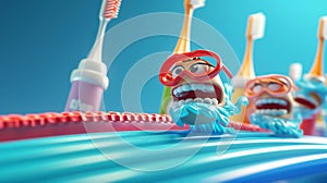 Toothbrushes racing down a slide made of dental floss with a tube of toothpaste as the finish line. One brush is wearing