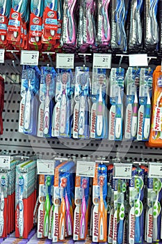 Toothbrushes in a supermarket