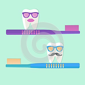 Toothbrushes and teeth in glasses. Protection of teeth.