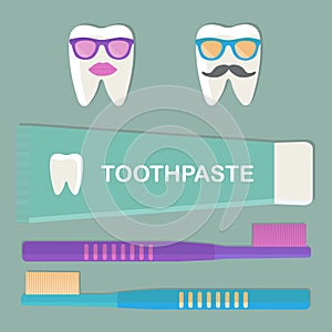 Toothbrushes and toothpaste. Protection of teeth. Character for advertisement.