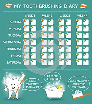Toothbrushing diary with dental advice for kids, stomatology planner for children. Tooth care banner. Week starts Sunday