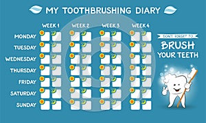 Toothbrushing diary - dental calendar for kids, stomatology planner for children. Tooth care banner. Week starts Monday.